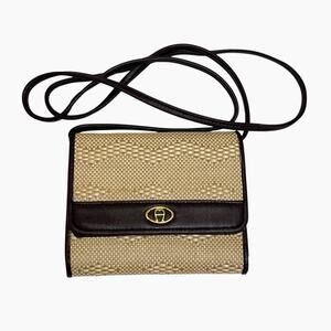 Etienne Aigner Clutch Wallet Woven Straw Leather Trim Crossbody Detachable Strap